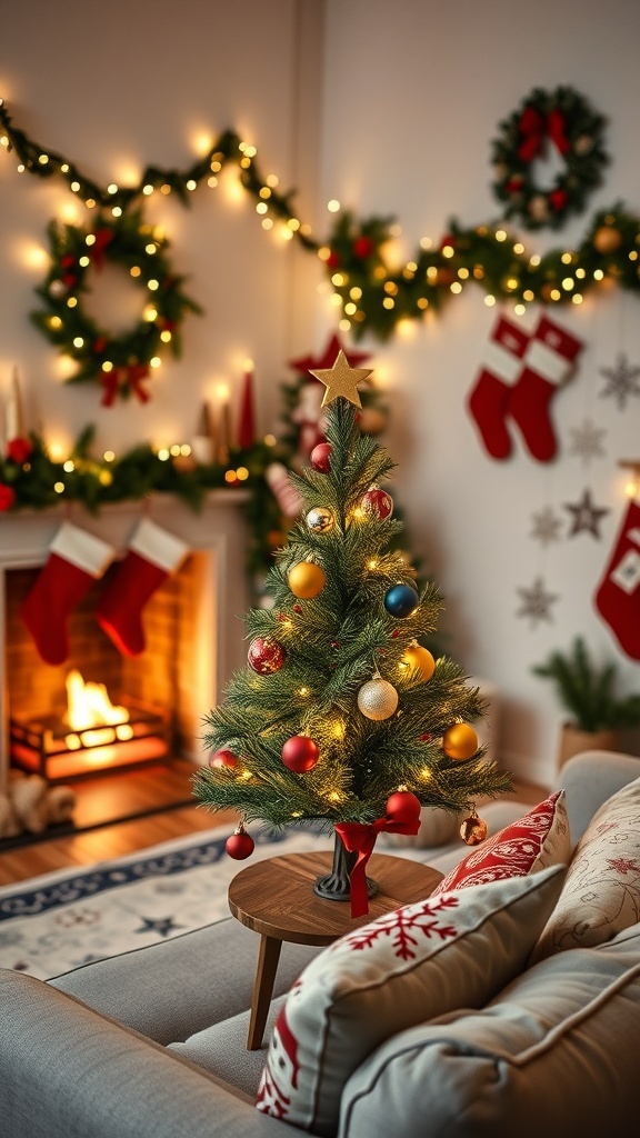 Creative Christmas Tree Ideas for Apartments A small Christmas tree on a table in a decorated apartment living room with festive decorations.